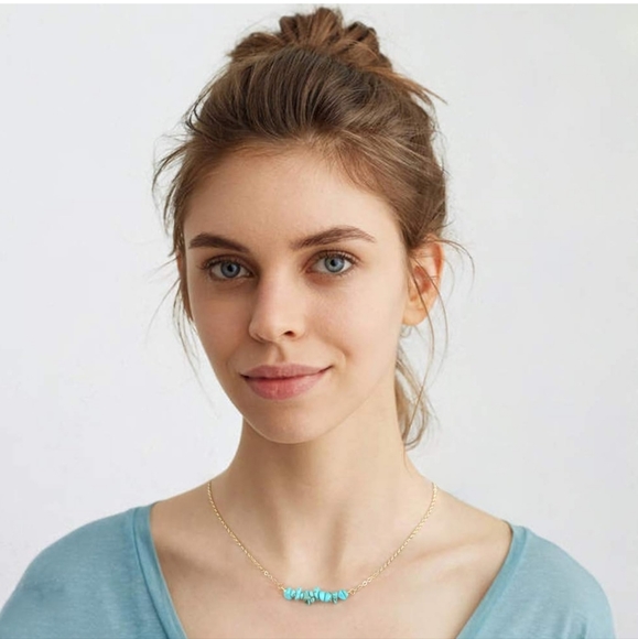 18k Gold Chain Choker Dainty Turquoise Beads Bar Necklace - Picture 3 of 4